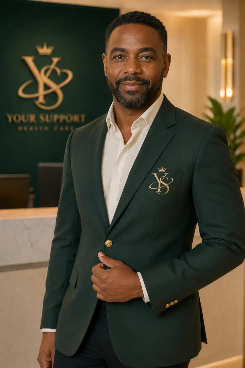 Man wearing a green Your Support Health Care blazer